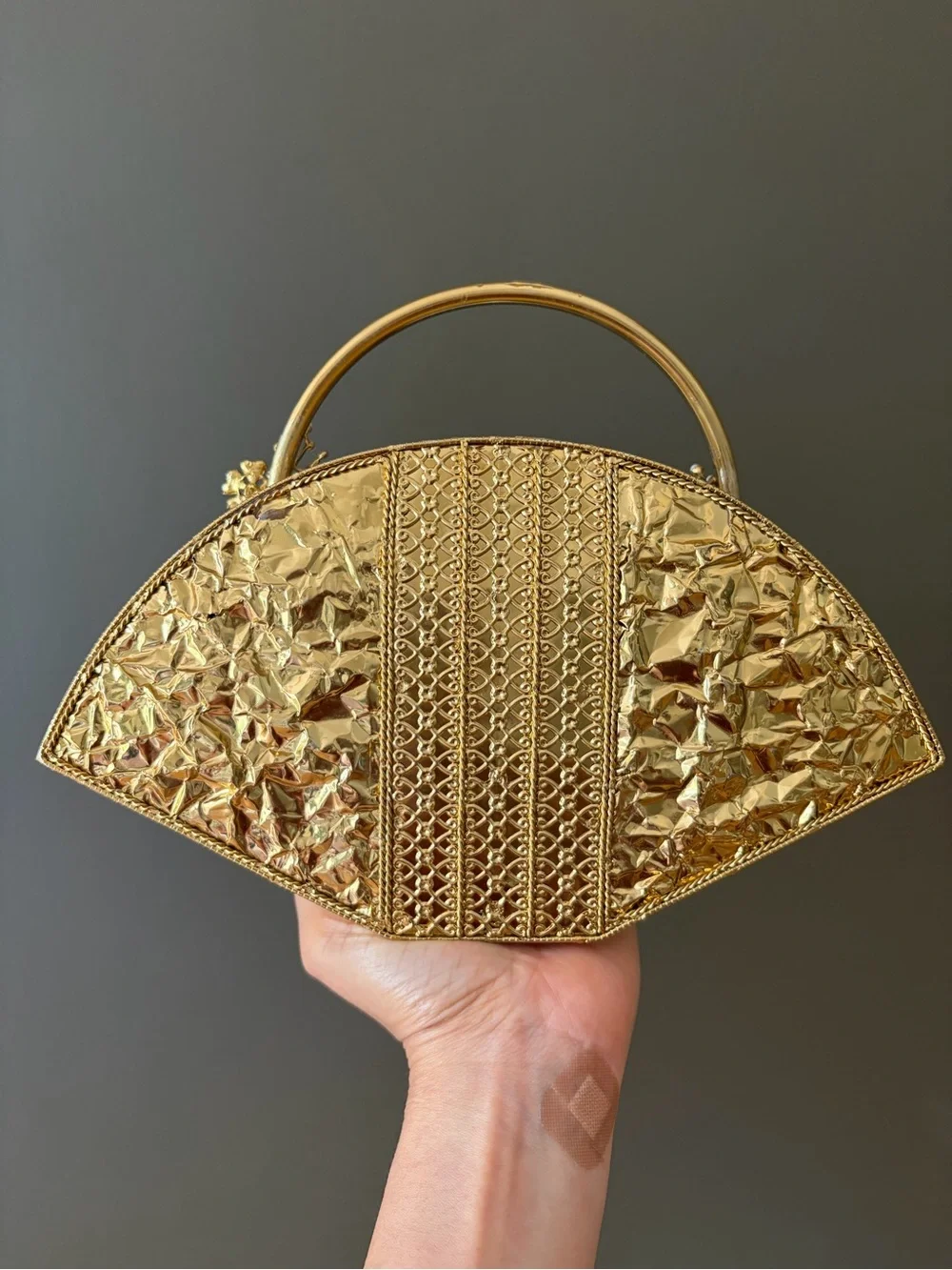 Gold Floral-Accent Iridescent Shell Evening Bag